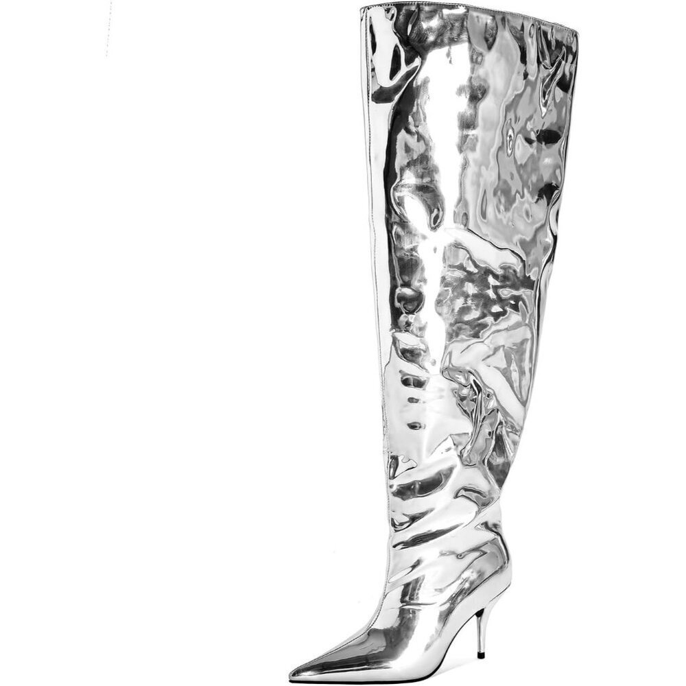 🆕Women Silver Faux Leather Wide Calf Thigh High Heeled Stiletto Cone Heel Boot - Picture 3 of 9